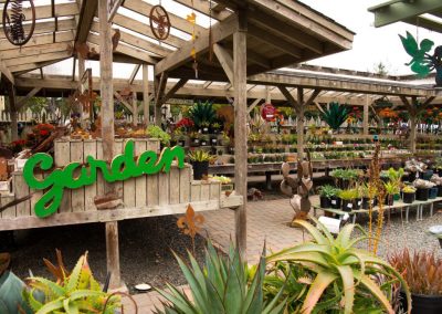 green garden sign and display of outdoor plants